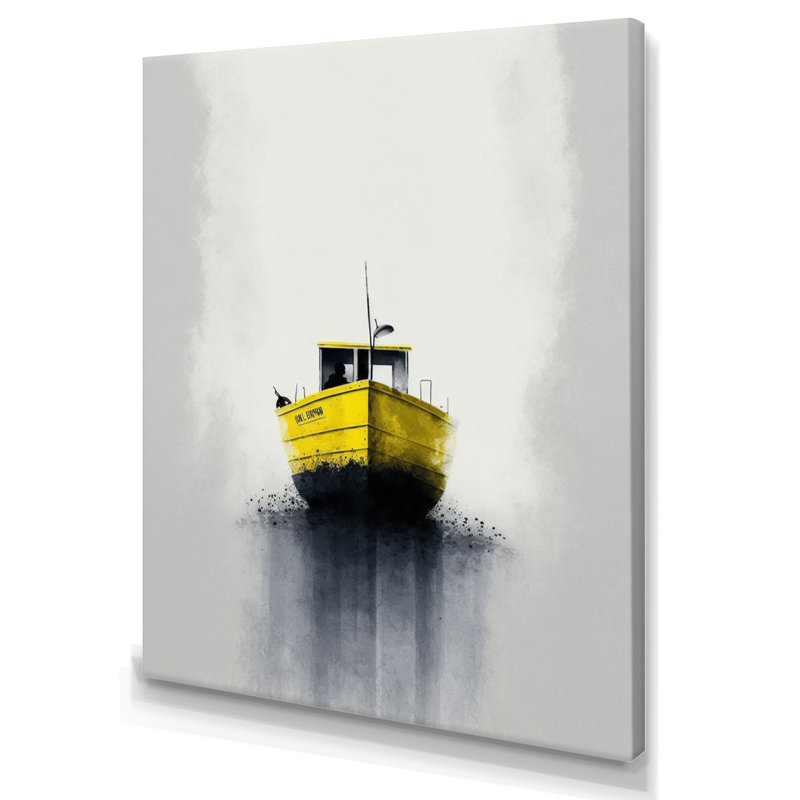 Décoration murale bateau de brouillard jaune sur le lac III - Bateau côtier, H 32 po x l 16 po x P 1 po, Toile tendue