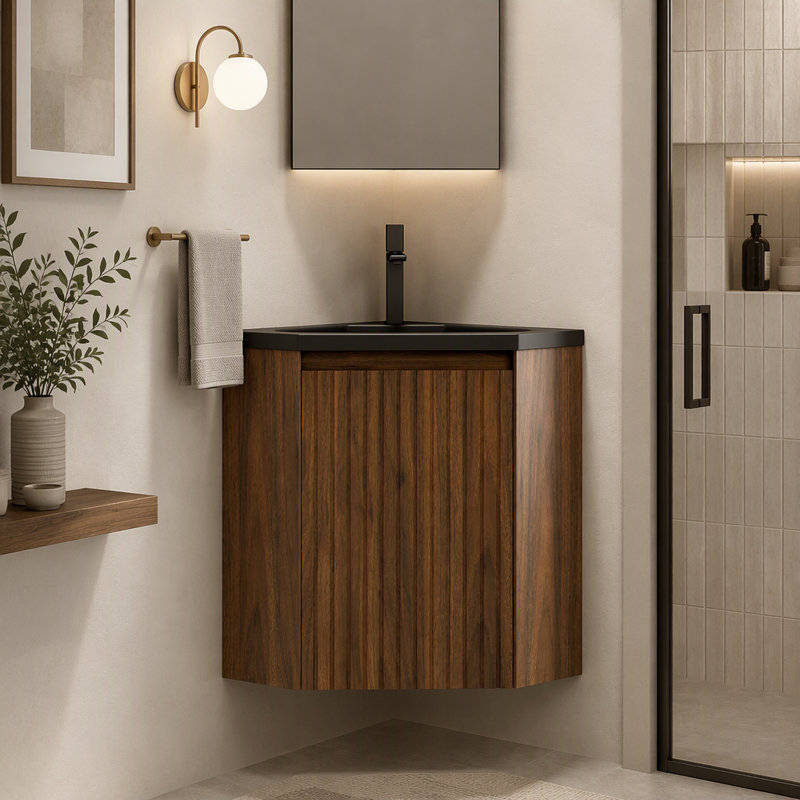 Meuble-lavabo d'angle mural de 56 cm (22 pouces) avec lavabo intégré en résine noire, armoire triangulaire rayée et une porte