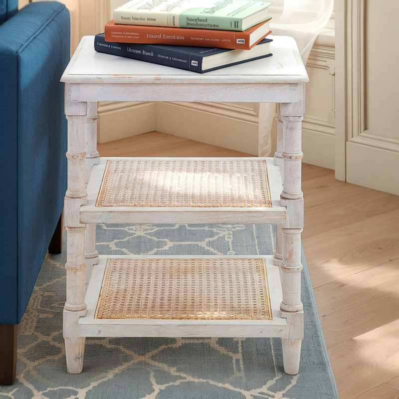 Leyt 18" W Solid Wood End Table with Cane Shelves , White