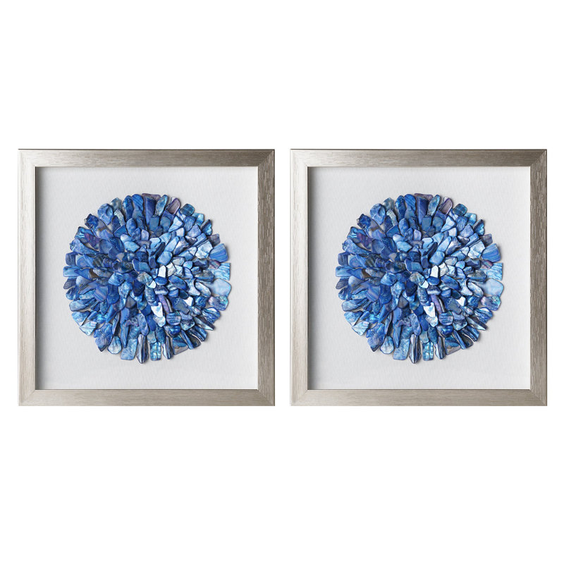 Coryell Blue Coastal Seashell Mosaic Framed Wall Art Set, 2 Piece Natural Shell Wall Decor