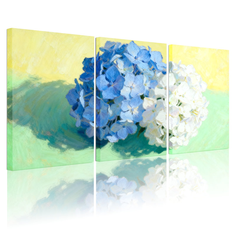 Hortensia, fleurs bleues et blanches sur fond jaune, ensemble de 3 impressions sur toile, H 24 po x l 48 po