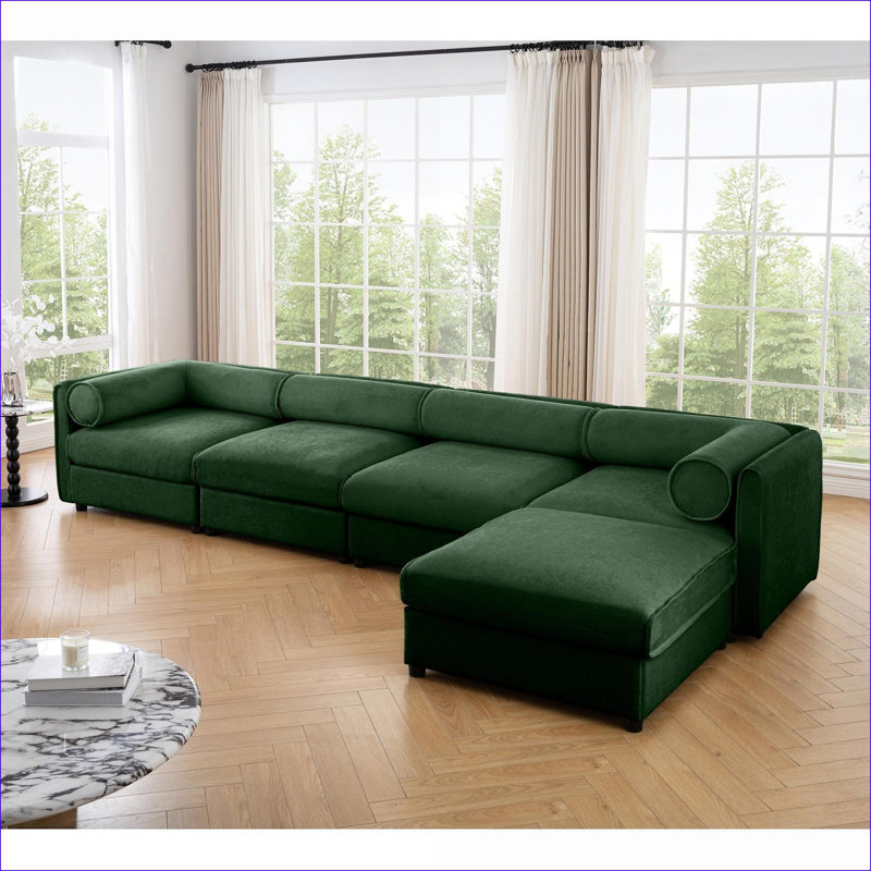 Canapés modulaires | Modulaire moderne en L 4 places avec rangement pour le salon | Chenille / vert, Tissu vert