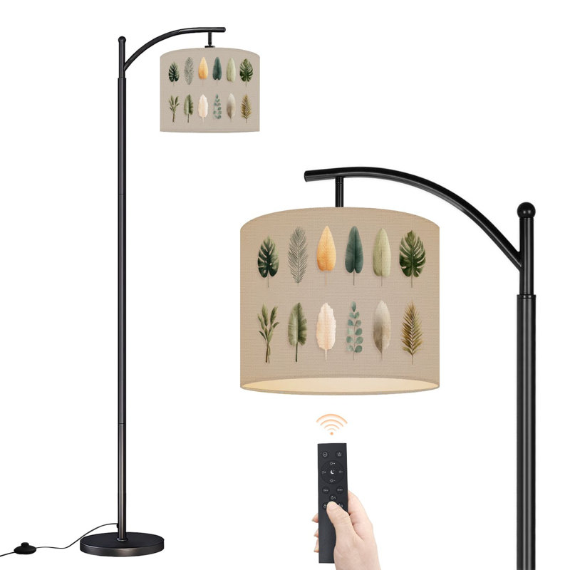Arc Floor Lamp with Adjustable Lampshade Tropical Plants Green Leaf Banana Leaves Line Art Taupe Green Nature Standing Lamp 3 Color Temperatures Dimmable Tall Pole Lamp with Foot Switch for Bedroom