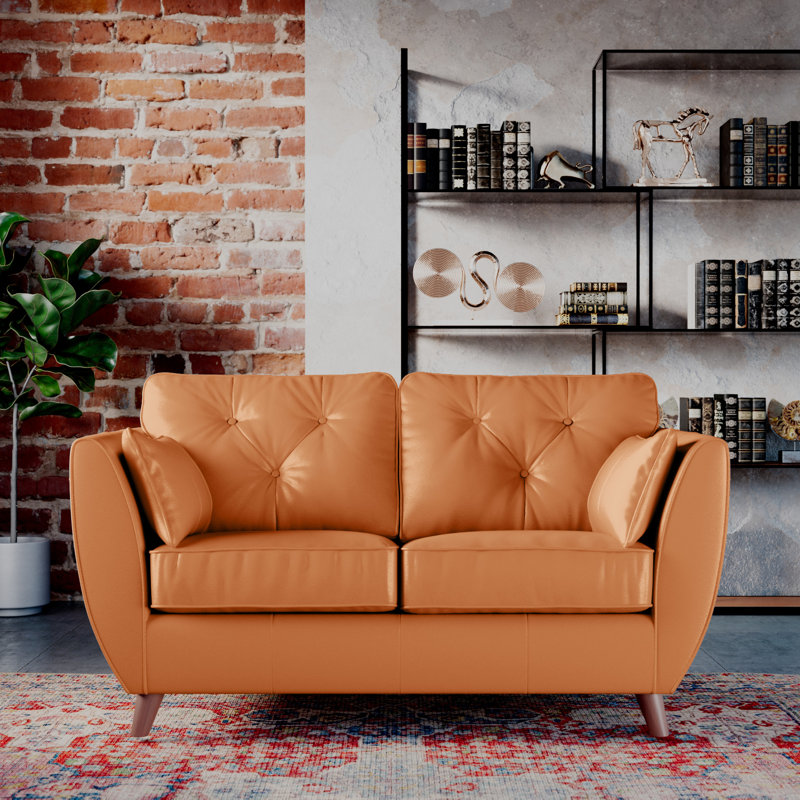 Marylin 2 Seater Leather Tufted Sofa, Saddle, Dark Wood