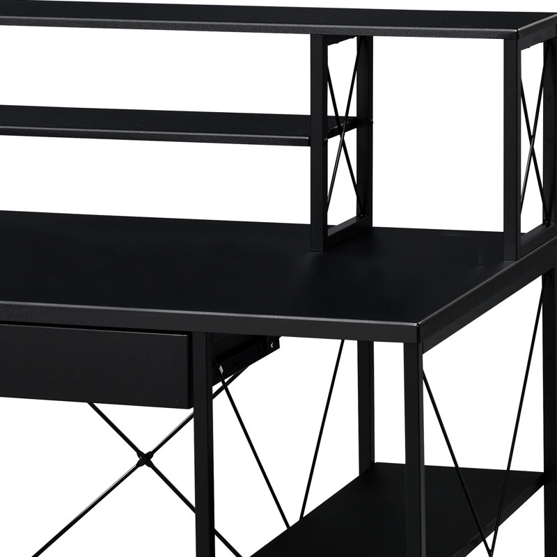 Bureau d'écriture noir avec quatre tablettes fixes et tiroir