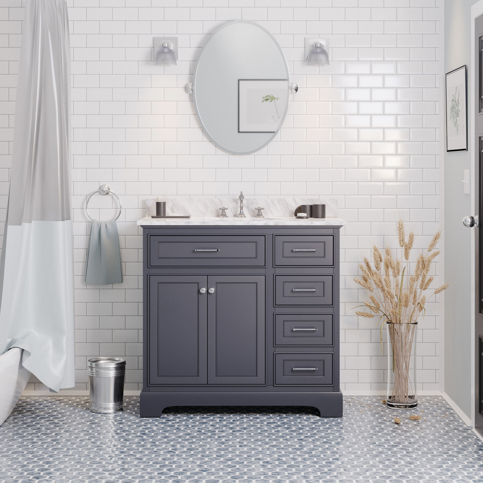 Ronnie 36'' Single Bathroom Vanity, Marine Gray, Carrara Marble