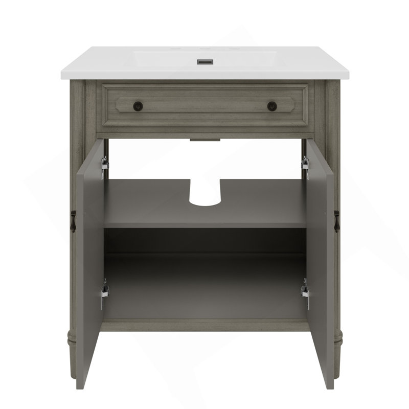 Meuble-lavabo de salle de bain rétro 30 po avec lavabo, armoire de salle de bain rustique avec portes à fermeture en douceur et tablette réglable, conception à profil courbé, pieds en bois d'hévéa, gris