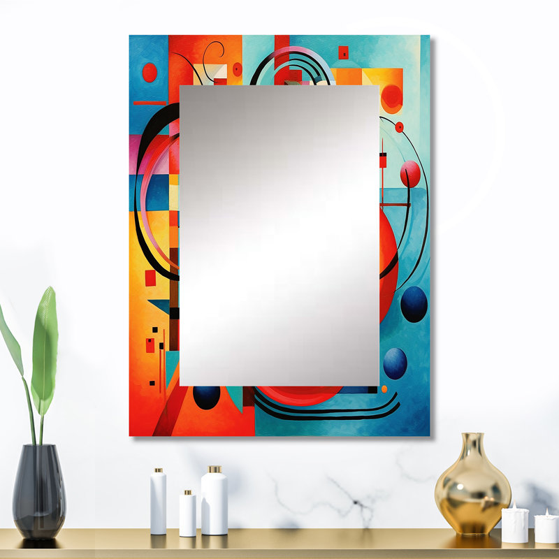 Orange bleu géométrie Unleashed IV - grand miroir de formes abstraites, miroir mural décoratif moderne, impression d'art en métal