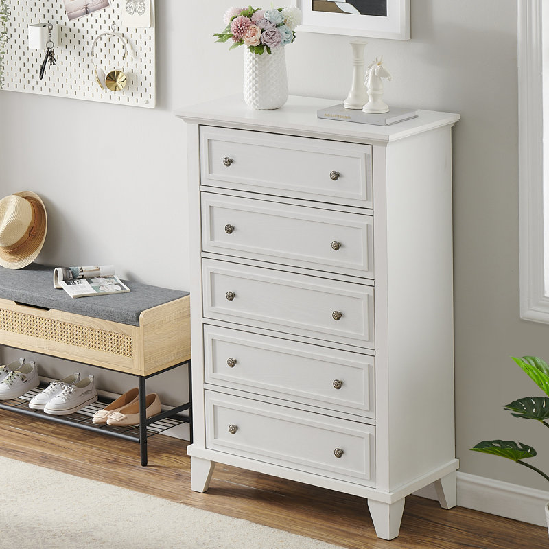 Wood Vintage Chest Dresser With 5 Drawers, White