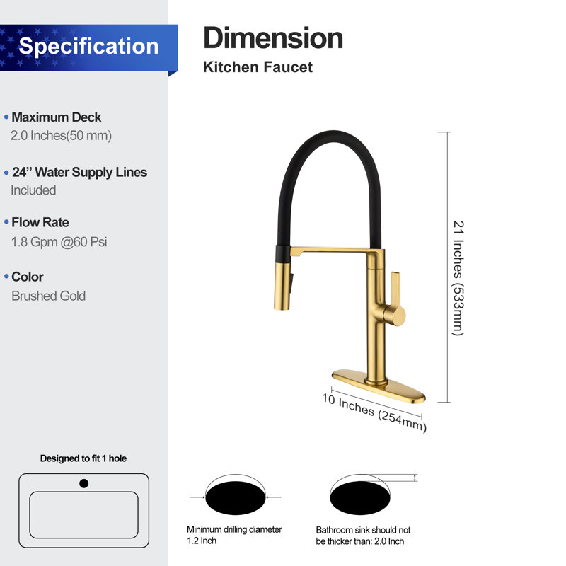 Rainlex Pull Out Kitchen Faucet, Brushed Golden