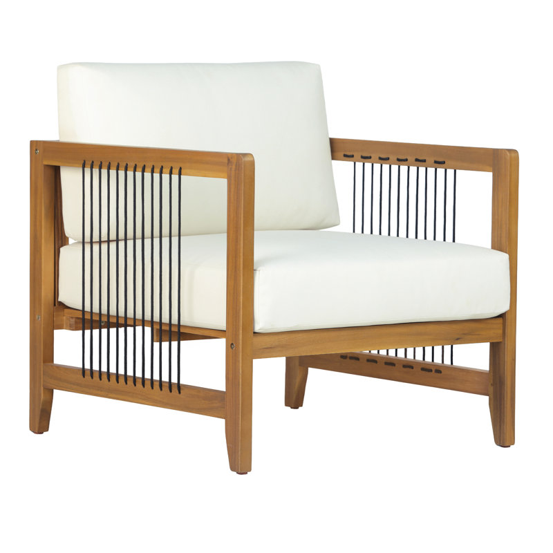 Dravik Modern Boho Acacia Wood Patio Armchair with Rope Accents and Deep Cushions, 1
