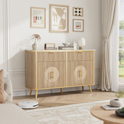 Armoire de rangement 47,2 po, station de café moderne cannelée avec 2 tiroirs et tablettes réglables, buffet de cuisine pour la salle à manger, le salon, le couloir, chêne naturel