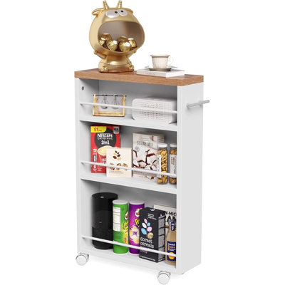 4 Tier Rolling Cart With Wheels, 6.3 Inch Slim Storage Cart, Wooden Snack Cart With Narrow Shelf, Laundry Room And Bathroom Organizer Shelves by Hokku Designs