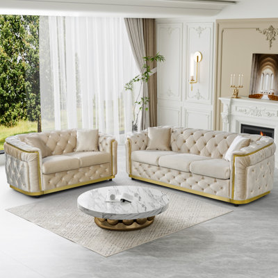 2 Piece Living Room Sofa Set Tufted Velvet Gold Accent