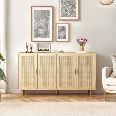Armoire de rangement élégante et fonctionnelle en rotin à 4 portes 62,20 po, pour la chambre à coucher, le salon, le bureau, facile à assembler
