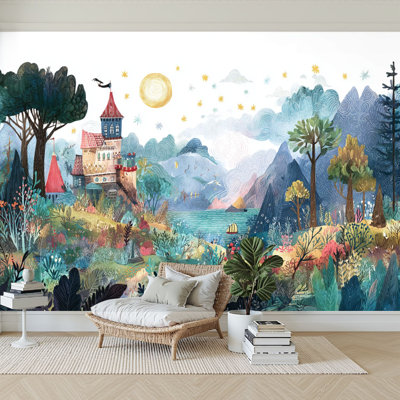 Peel and Stick Wallpaper 144" W x 100" H Modern Self Adhesive Wall Mural for Bedroom Horizontal repeating border Fairy tale landscape Painting for children