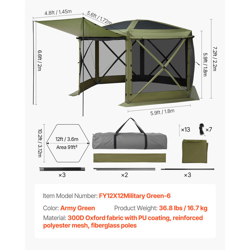 Tente pour abri de jardin 12 x 12 pi, abri de soleil à 6 côtés avec toit amovible et sac de transport, auvent à fixation rapide pour 8 à 10 personnes, vert