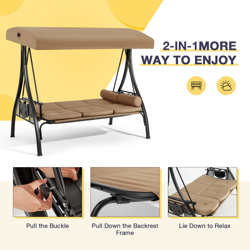 Brown Steel Frame 3-Seat Outdoor Porch Swing with Adjustable Canopy