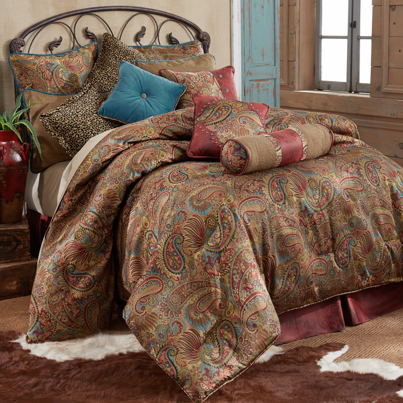 San Angelo Brown/Red/Blue Paisley Western Rustic Comforter Set, Full Comforter + 2 Standard Shams + 1 Bed Skirt
