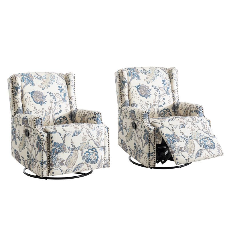 Upholstered Classic Wing Back Manual Handle Swivel Rock Glider Recliner with Naihead Trims, Plants Blue