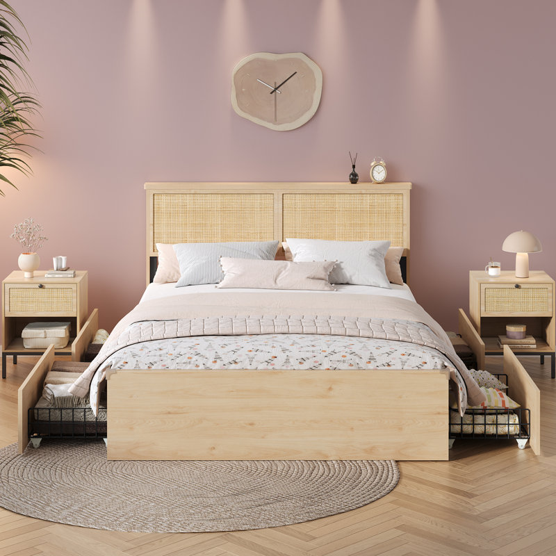 Boho Natural Rattan Storage Bed, Full