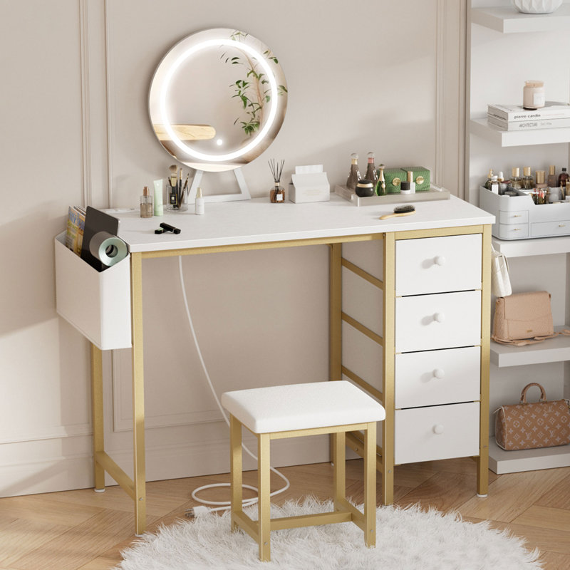 Built-In Outlets Makeup Desk With Mirror And Light- Vanity Set Table With Chair & Drawers, Gold