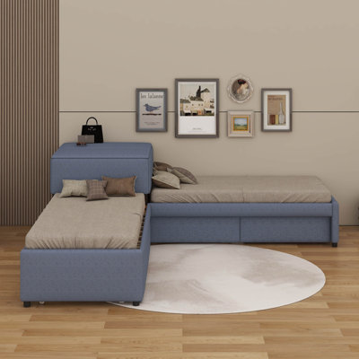 Lit plateforme simple tapissier en forme de L avec lit gigogne et 2 tiroirs reliés par un bureau intégré