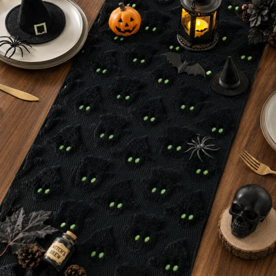 Chemin de table d'Halloween 13 x 72 pouces en peluche de fausse fourrure jacquard fantôme noir