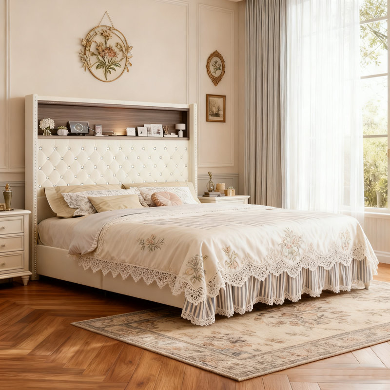 Queen Size Velvet Upholstered Platform Bed Frame With Storage Wingback Headboard,Platform Design, Rivet Decoration & Deep Button Tufted