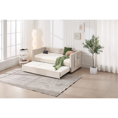 Twin Size Upholstered Daybed with Trundle,USB Port,Side Pockets, Modern V-grained backrest Design,No Box Spring Needed, for Bedroom, Guest Room (Beige, Twin)