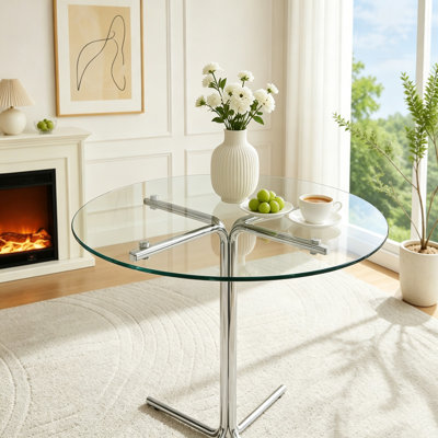 Table de bar ronde en verre avec plateau en verre trempé et support à quatre colonnes
