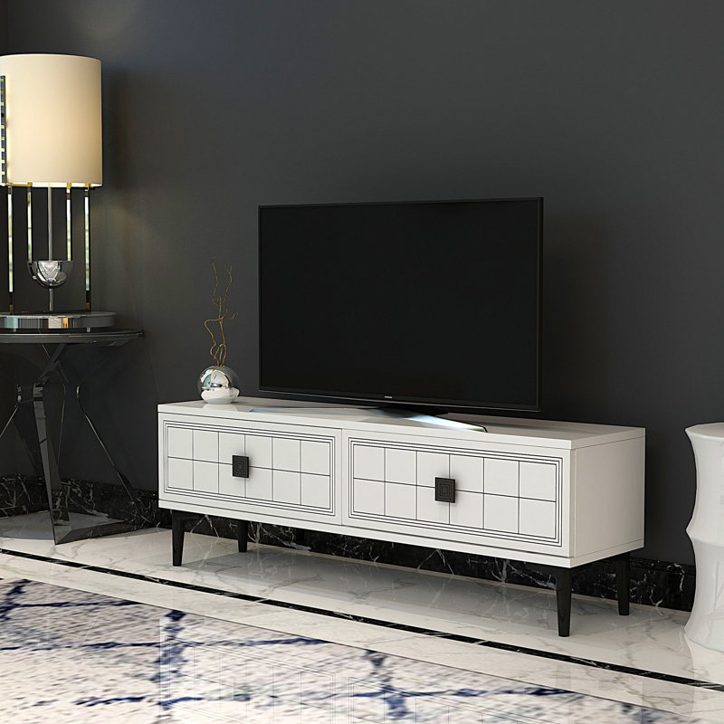 Modern White TV Stand, 47.2 x 16.1 x 11.6 inches | 100% Melamine Coated Particle Board, Thickness: 0.7 inches | Wall-Mountable Design, Stylish Geometric Shape, Perfect for Living Room & Entertainment Spaces