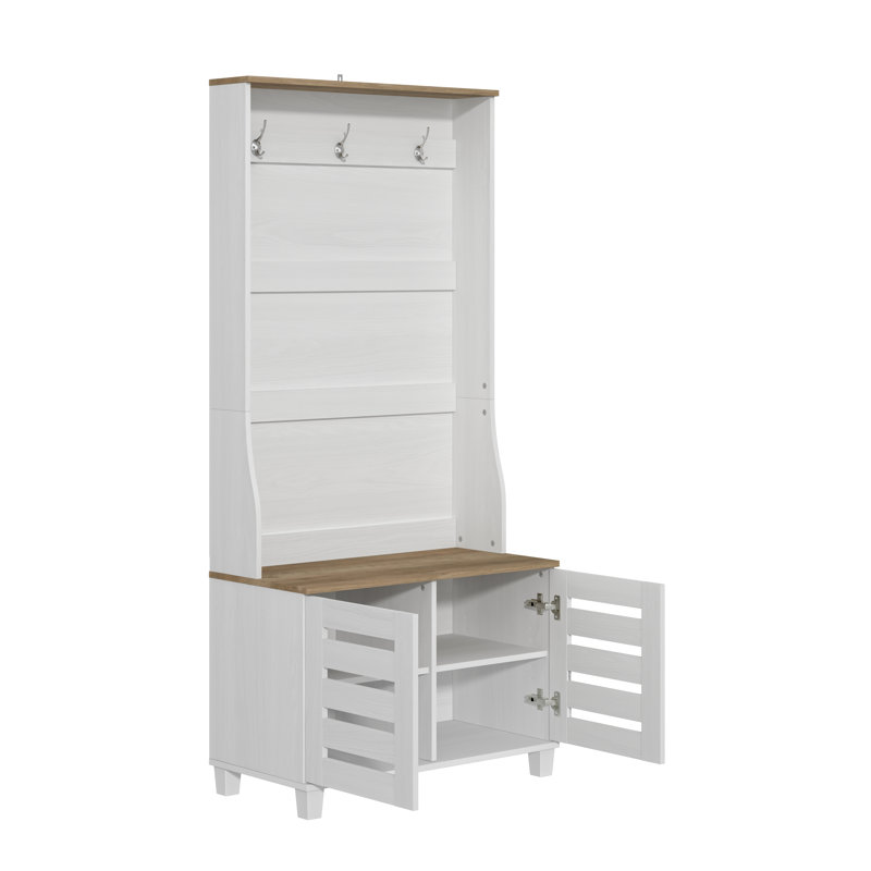 Lismore 31.3 " Wide Hall Tree with Shoe Storage and Shelves, Pearl White Oak/Knotty Oak