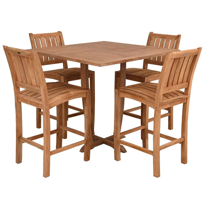 Teak Wood Bistro Bar Set Including 35" Square Miami Bar Table And Abacho Barstools, 4