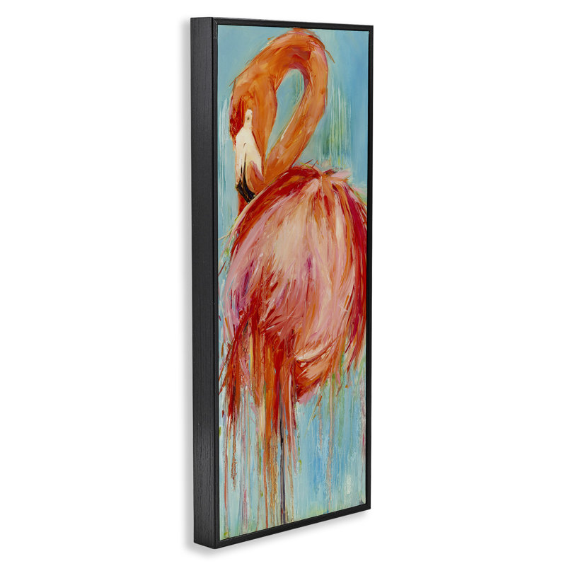 Au-454, Giclée audacieuse peinture abstraite flamant rose, H 30 po x l 13 po, Giclée encadrée noir minuit