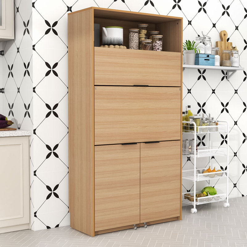 Multifunctional Kitchen Pantry Buffet with Storage,  Drop-Down Desk, Natural