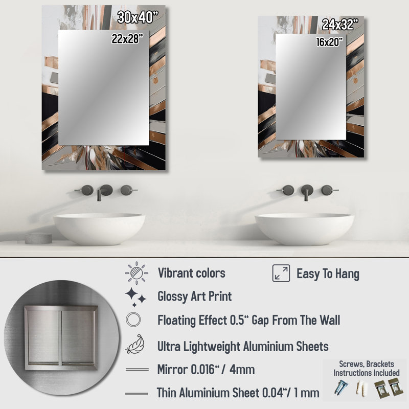 Rose Gold Linear Floral Elegance III - Floral Unique Wall Mirror Decor, Traditional Large Mirror, Printed Metal Art