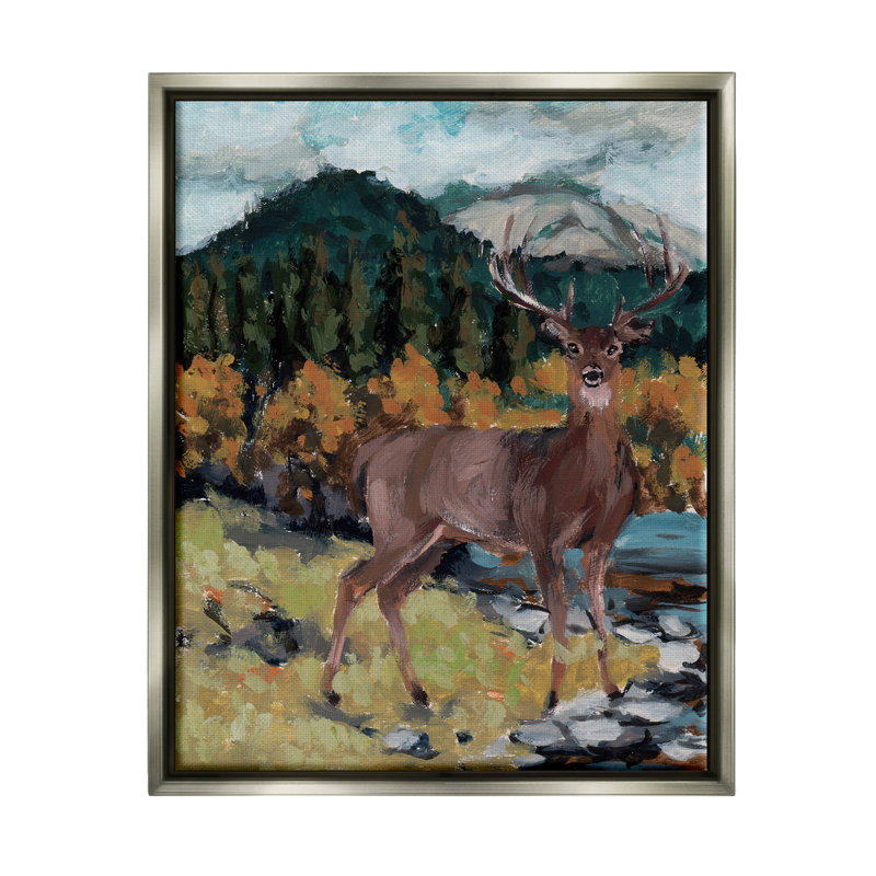 Cerf, rivière, paysage - peinture, H 31 po x l 25 po x P 1,7 po, Cadre flottant gris lustré