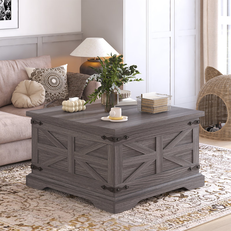 Farmhouse Coffee Table, Square Wood Center Table with Storage and Lift Top, Metal Corners for Living Room,, Gray