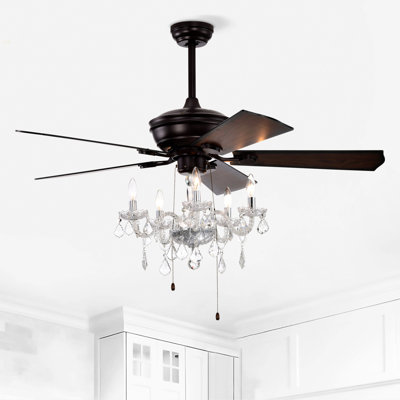 52'' Crystal Shade Ceiling Fan Lamp ,3 Speed ,4 Timing , 5 Reversible Blades Crystal Ceiling Fan ,5PCS*E12  (NO Include Bulb) --  Hand Pull Chain