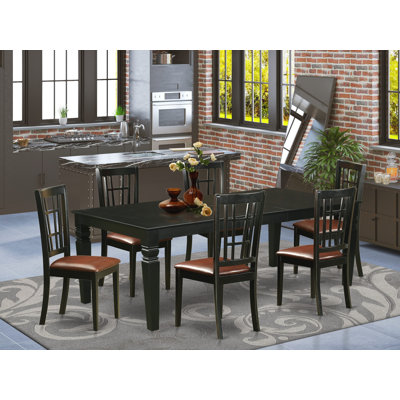 7 Piece Dining Table Set Consist of a Rectangle Wooden Table with Butterfly Leaf and 6 Faux Leather Dining Room Chairs, Black