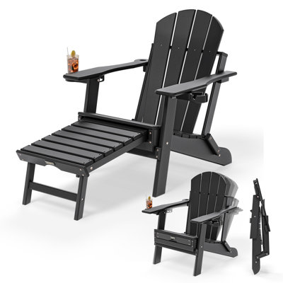 Black Back-Adjustable HDPE Patio Folding Adirondack Chair by Highland Dunes