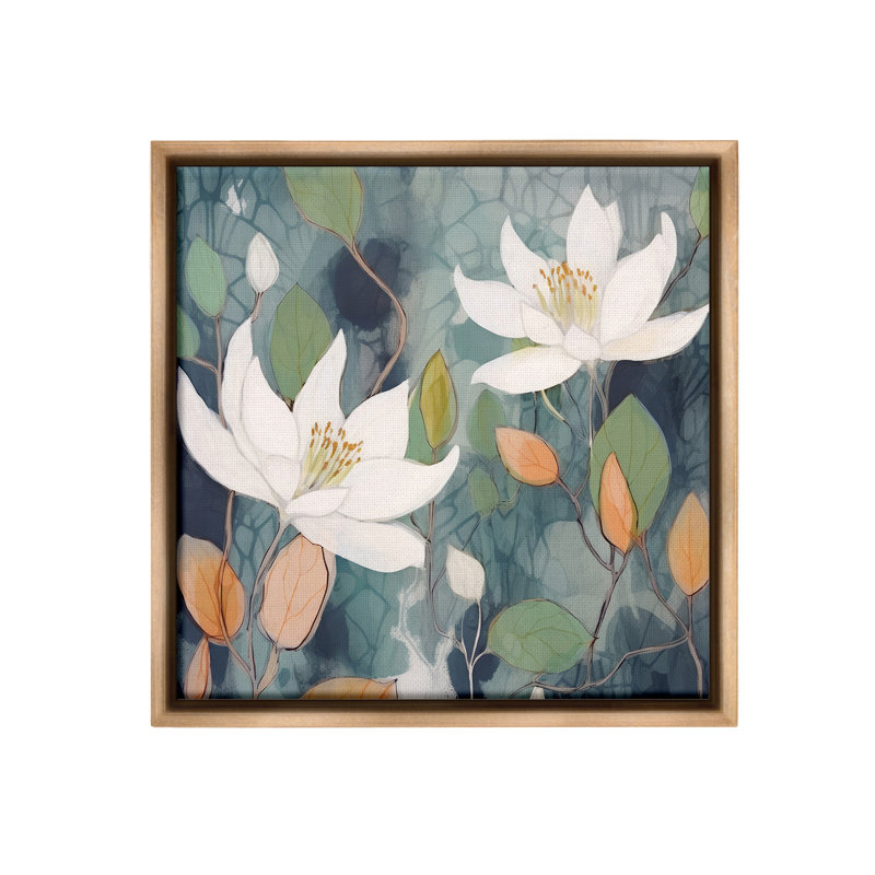 «Lilies On Geometric Motif Floater Frame» par Lazar Studio sur toile, Cadre flottant orme Montalcino, H 18 po x l 18 po