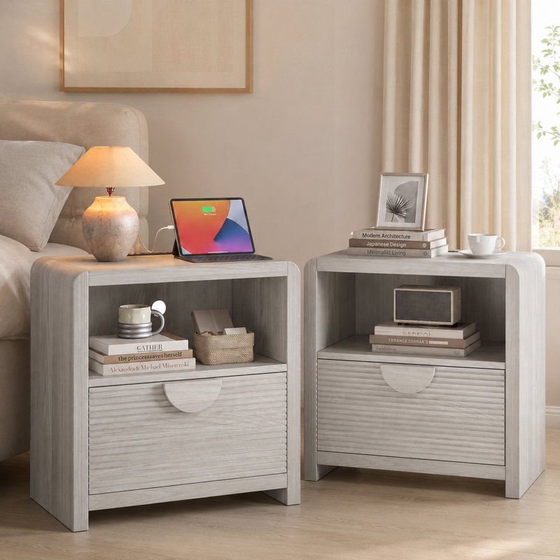 24''H 1-Drawer Nightstand With Charging Station, Modern Bedside Cabinet With Thick Slatted Panel Design For Bedroom, Curved Profile(Set of 2)
