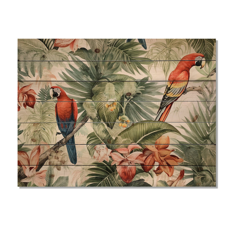 Perroquet au paradis I - Décoration murale animaux sur bois de pin naturel, H 30 po x l 40 po