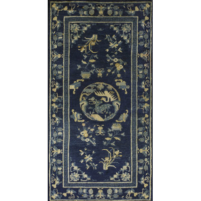 Chinese 1930s Rectangle Peking Blue Knotted Small Scatter Size Wool Antique Rug