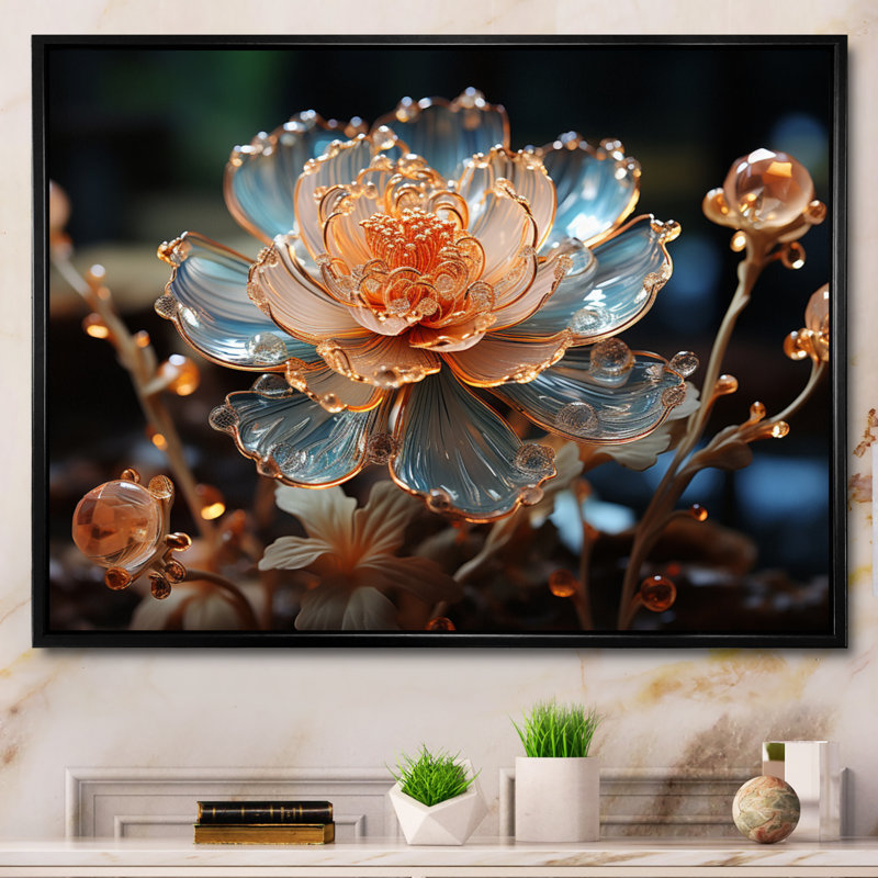 Fleur de pêche cristal I - art mural floral, Cadre flottant noir, H 30 po x l 40 po x P 1,5 po