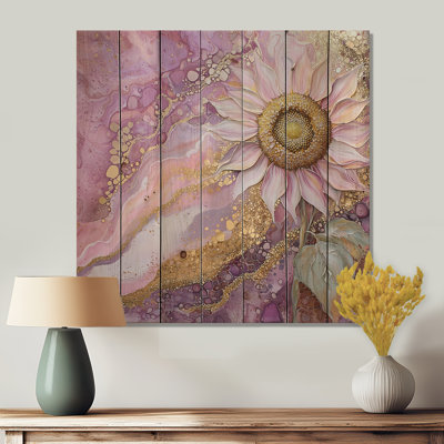 Shimmering Embrace Of A Sunflower On Crystal II - Traditional Pink Wood Print On Natural Pine Wood
