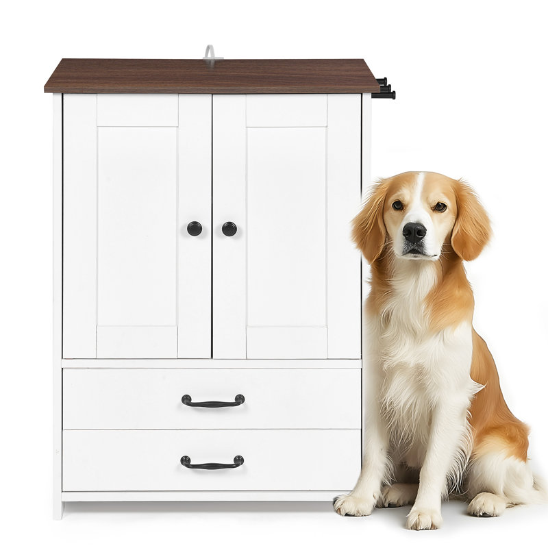 Station d'alimentation pour chien et armoire de rangement pour nourriture pour chien avec 2 bols cachés réglables pour chien et 3 crochets latéraux