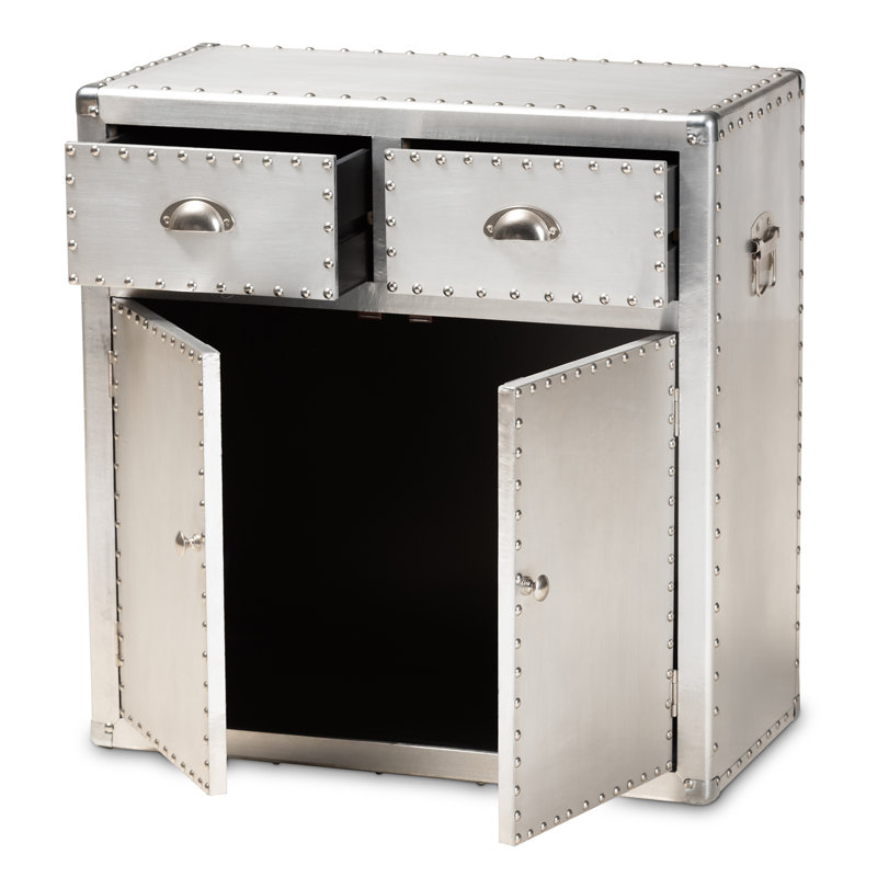 Armoire décorative en métal à 2 portes / tiroirs Gofried au fini argenté, H 28,20 po x l 27,40 po x P 13,63 po